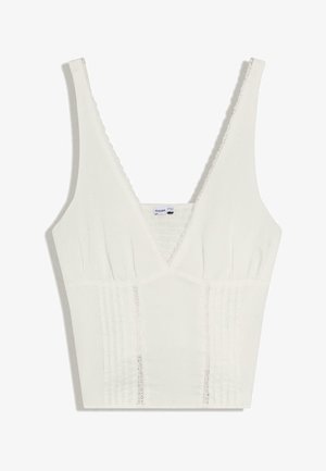 Hvid ærmeløs croptop med dyb V-hals, blonderkant og lodrette plisserede detaljer foran.