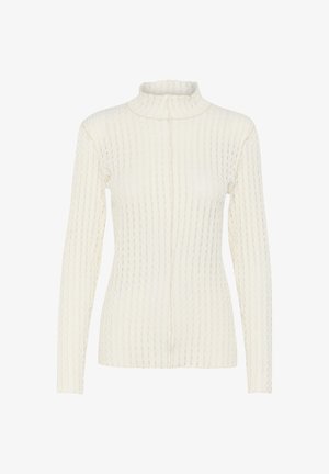 Weißer, gerippter Rollkragenpullover mit langen Ärmeln und strukturiertem Muster; hat einen hohen Kragen und schlichte Nähte auf der Vorderseite.