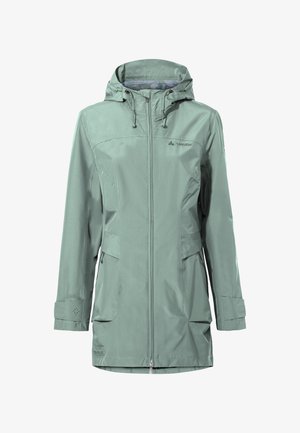 Hellgrüne wasserdichte Damenjacke mit Kapuze, Frontreißverschluss und zwei schräg verlaufenden Reißverschlusstaschen.