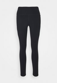 Fekete leggings rugalmas anyagból, magasan szabott derékkal, karcsú dizájnnal és sima textúrával, látható minták vagy díszítések nélkül.