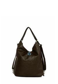 Brūna tekstūrēta ādas rokassoma ar mīkstu formu, īsu rokturi un noņemamu siksnu; priekšpusē ir zila logotipa birka.