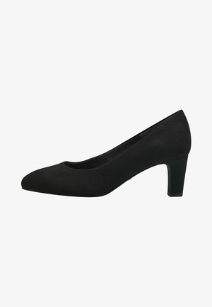 Melna zamšāda augstpapēžu kurpe ar noapaļotu pirkstu, pieticīgu blokveida papēdi un gludu tekstūru, ar elegantu, minimālistisku dizainu.