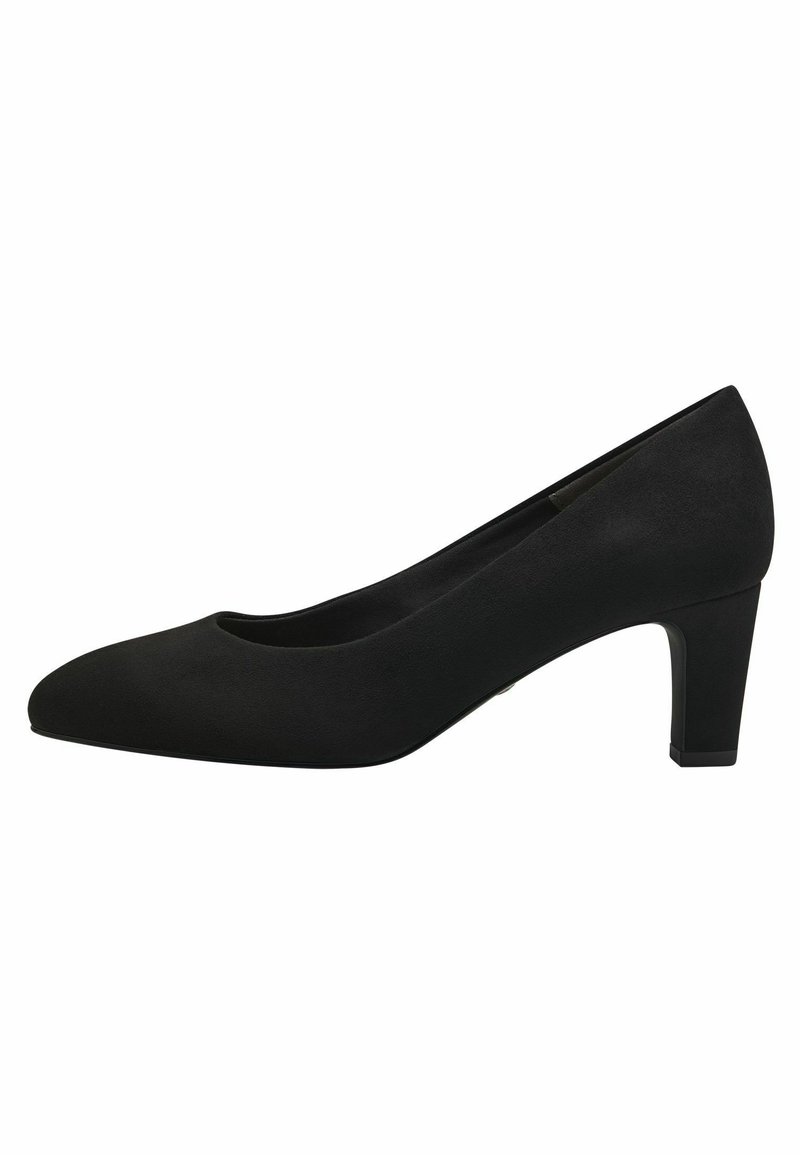 Sorte semsket høyhælte pumps med rund tå, en beskjeden blokkhæl og en glatt tekstur, med et elegant, minimalistisk design.