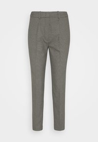 Pantalon gris à motifs avec une coupe ajustée, des jambes droites, des plis avant et une texture de tissu lisse.