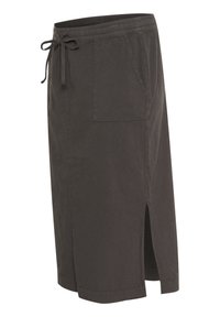 Jupe grise foncée longueur genou avec taille élastique, poche plaquée avant, cordon de serrage, et détail fente latérale.