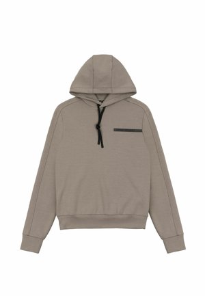 Lichtbruin sweatshirt met capuchon, zwarte trekkoorden en een klein zwart rechthoekig label op de linkerborst met de tekst "COLMAR ORIGINALS".