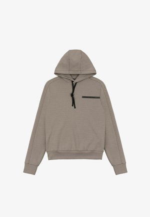 Světlé hnědé mikinové tričko s kapucí, černými šňůrkami a malou černou obdélníkovou nášivkou na levé straně hrudi s nápisem "COLMAR ORIGINALS".