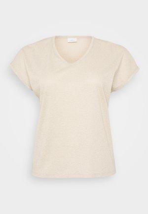 Beige, rövid ujjú póló V-nyakkivágással. Puha, enyhén fényes anyagból készült. Egyszerű, laza szabású, látható minták vagy díszítések nélkül.