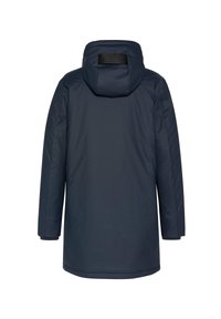 Dunkelblauer langer Wintermantel mit Kapuze, von hinten gezeigt, aus einfarbigem Stoff und mit einem kleinen schwarzen Patch auf der Kapuze.