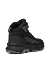 Black Geox AMPHIBIOX boots feature a textured upper, high ankle, lace-up design, and a thick, cushioned sole for support and comfort.
