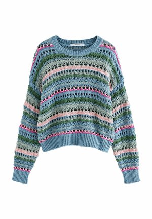 Pulover din croșetat cu croială lejeră, prezentând dungi orizontale în nuanțe de albastru, verde, roz și gri. Fire texturate cu un design cu țesătură deschisă.