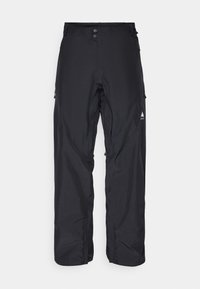 Zwarte geïsoleerde buitenbroek met dubbele knoopsluiting, zijzakken met rits en een berglogo op de rechterdij.