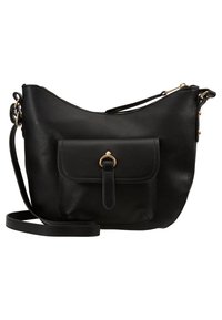 Borsa a tracolla nera in ecopelle con design curvo, hardware dorato, tasca frontale con patta e tracolla regolabile.