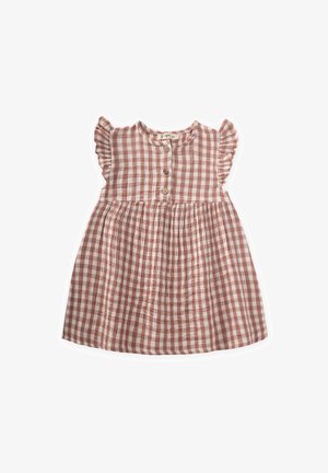 Gingham-Kleid in sanftem Pfirsich und Weiß, mit rundem Ausschnitt, kurzen Rüscheärmel und einer Knopfleiste mit gerafftem Taillenbereich.