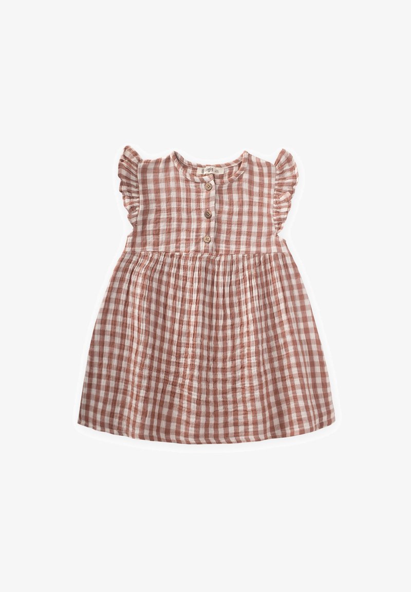 Gingham-Kleid in sanftem Pfirsich und Weiß, mit rundem Ausschnitt, kurzen Rüscheärmel und einer Knopfleiste mit gerafftem Taillenbereich.
