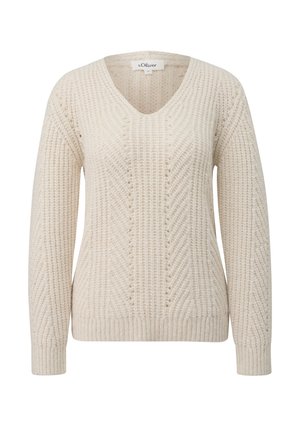 Cremfarbener, gestrickter Pullover mit V-Ausschnitt, der ein strukturiertes diagonales Muster, lange Ärmel sowie ribbelte Abschlüsse und Saum aufweist.