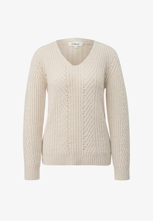 Kremna pletena jopica z V-izrezom, ki ima teksturiran diagonalen vzorec, dolge rokave ter rebraste manšete in rob.