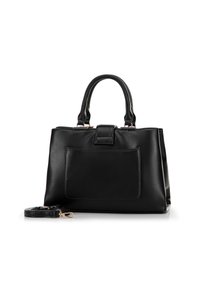 Bolso de piel negro con doble asa, bolsillo frontal y correa de hombro desmontable sobre fondo blanco.