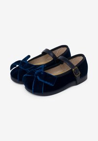 Zapatos de terciopelo azul con una correa negra brillante y detalle de lazo. Diseño de punta redonda y suela plana. Textura suave con un interior liso.