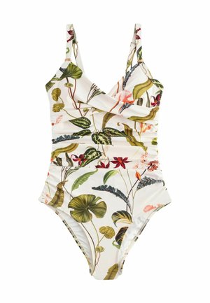 Ett baddräkt i one-piece stil med blommönster i grönt, rosa och rött; har tunna axelband och en samlad design framtill; mjukt tyg.