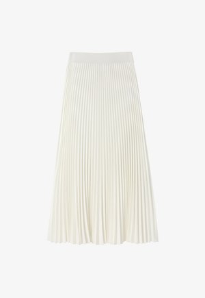 Gonna bianca plissettata con una ampia fascia elastica in vita, realizzata con un tessuto morbido. Presenta pieghe verticali in tutto il capo, creando una silhouette fluida.