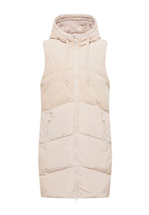 Beige ilmanhiha pufferliivi, jossa on tikattu yläosa, etuvetoketju, huppu ja kaksi vetoketjullista taskua.
