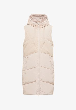 Beige mouwloze puffer vest met gestikte bovenkant, ritssluiting aan de voorkant, capuchon en twee ritszakken.