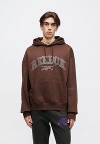 Brūns kapucēts džemperis ar lielu pelēku "REEBOK" logotipu. Iekļauj kenguru kabatu un ribotu aproci. Apvienots ar tumši pelēkiem sporta biksēm.