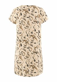Kurzärmliges Kleid aus beigem Stoff mit einem abstrakten Muster aus braunen und schwarzen Pinselstrichen; lockere Passform mit geradem Schnitt.