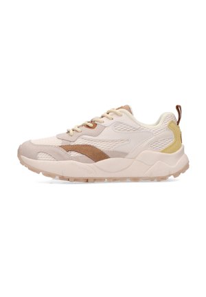Sneaker met een bovenwerk van mesh in off-white, beige accenten en een bruin logo. Voorzien van gestructureerde overlays en een ondersteunende zool. Gestructureerd profielpatroon.