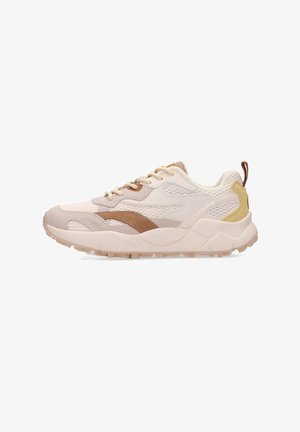 Sneaker met een bovenwerk van mesh in off-white, beige accenten en een bruin logo. Voorzien van gestructureerde overlays en een ondersteunende zool. Gestructureerd profielpatroon.