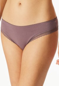 Purple cotton panties with scalloped lace trim along the waistband and legs, featuring a smooth, soft texture and a low-rise design.