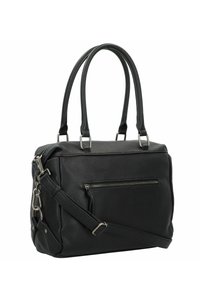 Musta nahkainen käsilaukku, jossa on jämäkkä muoto. Varustettu kaksilla kahvoilla, irrotettavalla olkahihnalla, etupuolen vetoketjulla ja teksturoidulla pinnalla.
