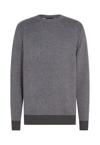 Grauer Pullover aus weichem Stoff mit Rundhalsausschnitt, langen Ärmeln, geripptem Saum und detaillierten Schulternähten.