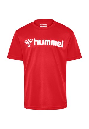 Rotes Polyester-T-Shirt mit Rundhalsausschnitt, kurzen Ärmeln und einem großen weißen "hummel"-Logo auf der Brust. Glattes, leichtes Material.