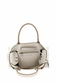 Beige leren handtas met een gladde textuur, dubbele bovenhandvatten, een binnenvak en een ritssluiting. Heeft een subtiel merklogo op de voering.