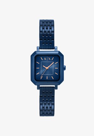 Quadratische blaue Armbanduhr mit roségoldenen Stundenmarkierungen und Zeigern, mit "A|X" Logo und Glieder-Metallarmband.