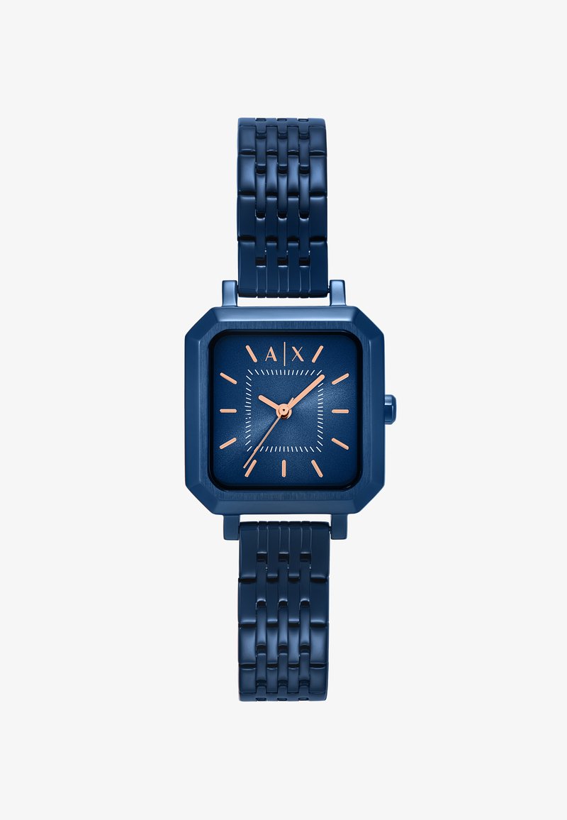 Square-faced blue wristwatch with rose gold hour markers and hands, featuring "A|X" logo and linked metal bracelet strap.