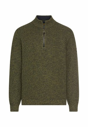 Olive green sweter z dzianiny z teksturowanym wzorem, z półsuwnym zamkiem z przodu, prążkowanym wysokim kołnierzem, mankietami i dołem.