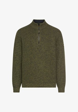 Olijf groene gebreide pullover met een gemar merd patroon, half-rits voorkant, geribde hoge kraag, mouwen en zoom.