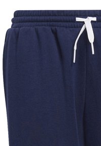 Tums zila treniņbikses ar elastīgu jostasvietu un baltu auklu. Gluda tekstūra, redzamas sānu šuves.