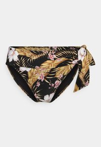 Parte de baixo de biquíni preta com um padrão floral tropical, apresentando flores cor-de-rosa e folhas douradas. Inclui um detalhe amarrado de um lado.