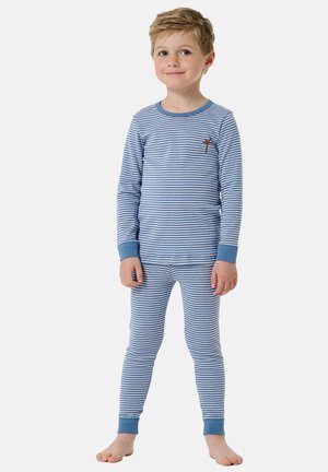 Langärmliges Pyjama-Set in Blau und Weiß mit gestreiftem Muster, ausgestattet mit gerippten Bündchen und einem kleinen braunen Baumdesign auf der Brust, hergestellt aus weichem Baumwollmaterial.