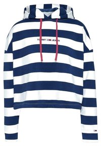 Zkrácená mikina s kapucí, námořnicko-modrými a bílými vodorovnými pruhy, červenými šňůrkami a logem "TOMMY JEANS" na hrudi. Bavlněný materiál.