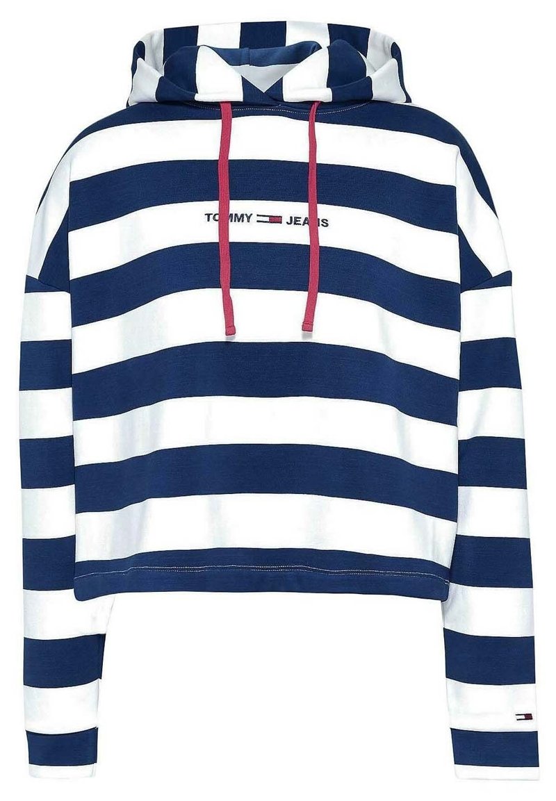 Zkrácená mikina s kapucí, námořnicko-modrými a bílými vodorovnými pruhy, červenými šňůrkami a logem "TOMMY JEANS" na hrudi. Bavlněný materiál.