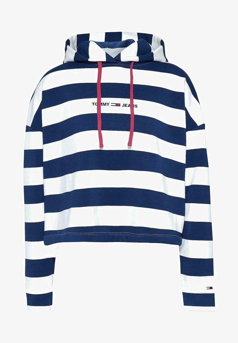 Zkrácená mikina s kapucí, námořnicko-modrými a bílými vodorovnými pruhy, červenými šňůrkami a logem "TOMMY JEANS" na hrudi. Bavlněný materiál.