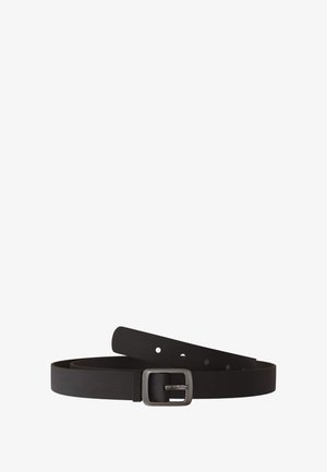 Black belt made from smooth leather, featuring a rectangular silver metal buckle and multiple holes for adjusting fit.