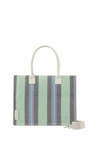 Borsa tote a righe realizzata in materiale intrecciato, caratterizzata da righe nere, verde menta e rosa. Inclusi manici bianchi e una tracolla removibile.