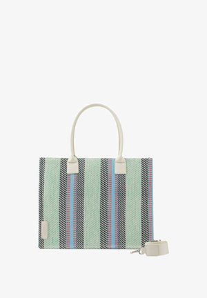 Bolso de mano a rayas hecho de material tejido con rayas negras, verde menta y rosa. Incluye asas blancas y una correa desmontable.