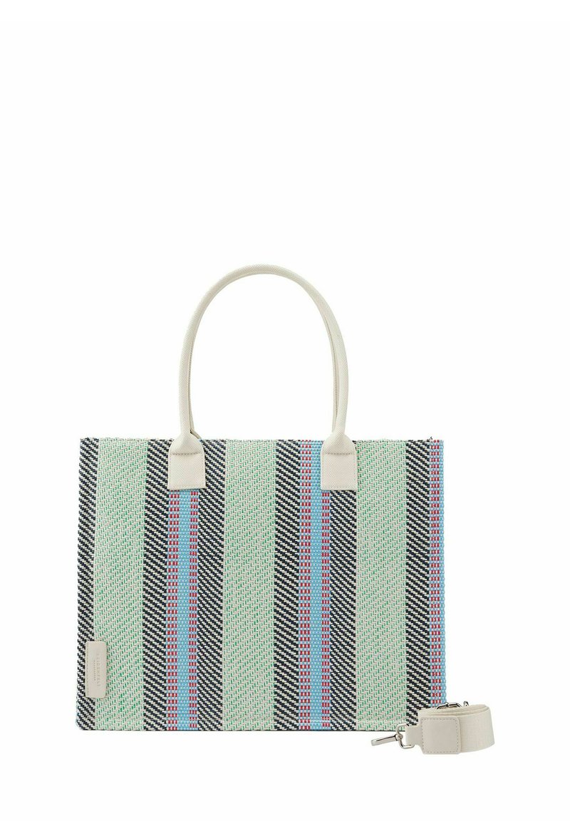 Gestreepte totebag van geweven materiaal met zwarte, mintgroene en roze strepen. Inclusief witte handvatten en een afneembare schouderriem.